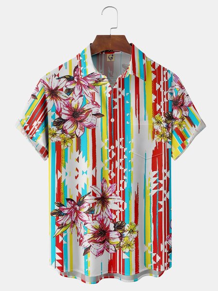

Floral Ethnic Chest Pocket Short Sleeve Hawaiian Shirt, Red, Men Shirts