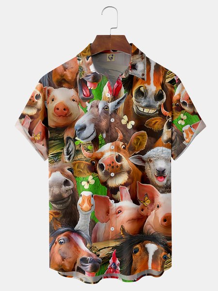 

Fun Animal Chest Pocket Short Sleeve Casual Shirt, Brown, Men Shirts