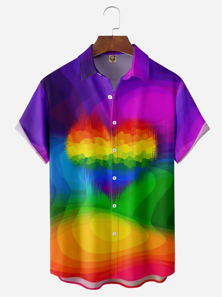 

LGBT Color Heart Chest Pocket Short Sleeve Casual Shirt, Purple, Men Shirts