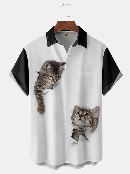 

Fun Cat Chest Pocket Short Sleeve Casual Shirt, White, Men Shirts