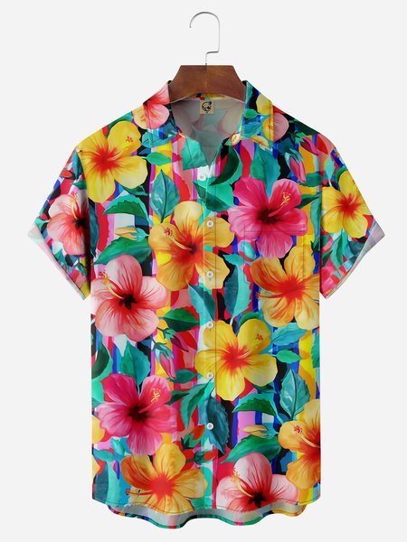 

Floral Chest Pocket Short Sleeve Hawaiian Shirt, Yellow, Men Shirts