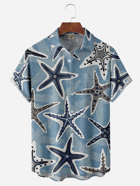 

Starfish Marine Life Chest Pocket Short Sleeve Hawaiian Shirt, Blue, Men Shirts