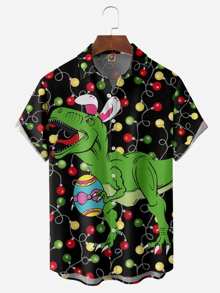 

Easter Egg Dinosaur Chest Pocket Short Sleeve Casual Shirt, Black, Men Shirts