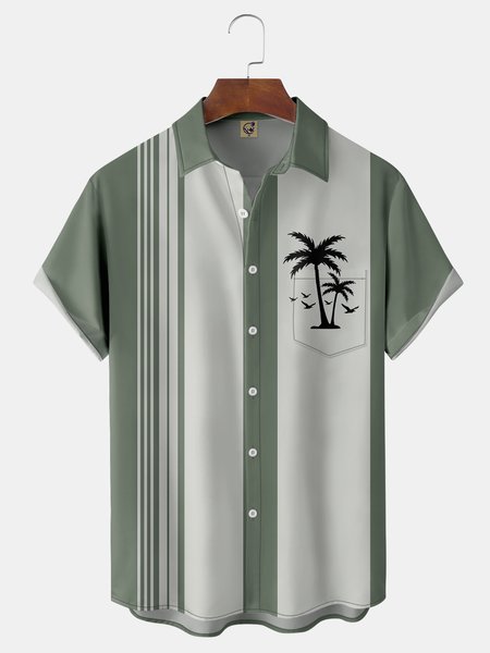 

Coconut Tree Chest Pocket Short Sleeve Bowling Shirt, Green, Men Shirts