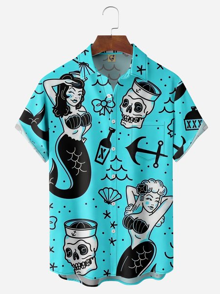 

Mermaid Chest Pocket Short Sleeve Hawaiian Shirt, Cyan, Men Shirts