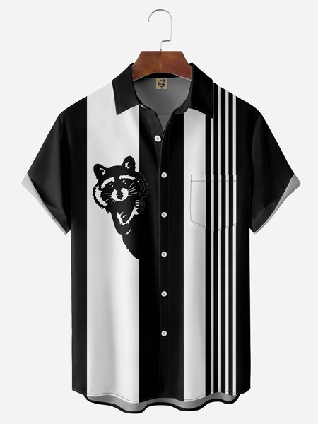 

Bear Chest Pocket Short Sleeve Bowling Shirt, Black, Men Shirts