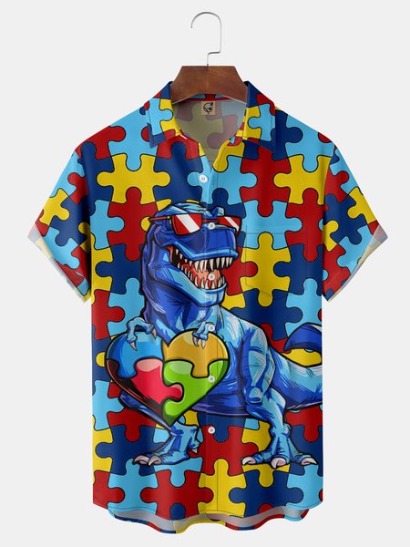 

Fun Puzzle Dinosaur Chest Pocket Short Sleeve Casual Shirt, Blue, Men Shirts
