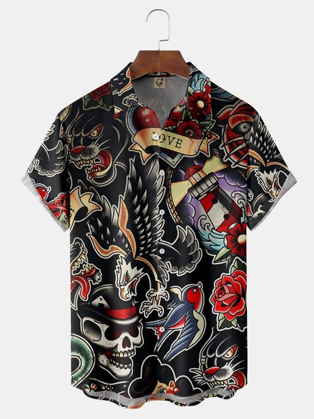 

Tattoo Art Chest Pocket Short Sleeve Casual Shirt, Black, Men Shirts