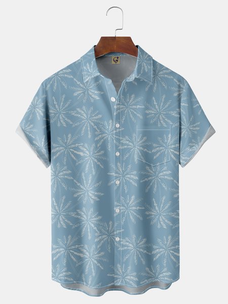 

Coconut Tree Chest Pocket Short Sleeve Hawaiian Shirt, Blue, Men Shirts