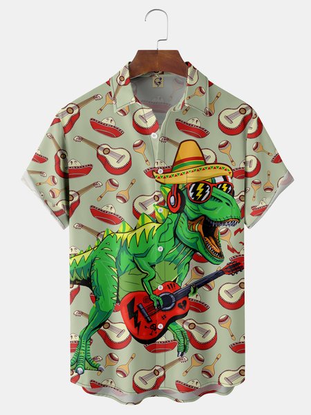 

Cinco De Mayo Dinosaur Chest Pocket Short Sleeve Shirt, Green, Men Shirts