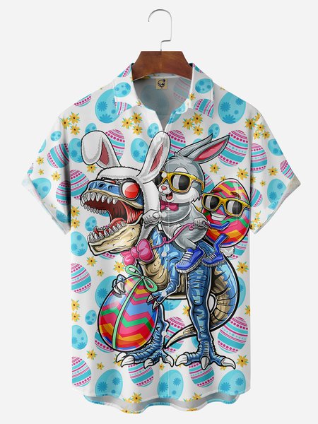 

Easter Creative Dinosaur Chest Pocket Short Sleeve Casual Shirt, Blue, Men Shirts