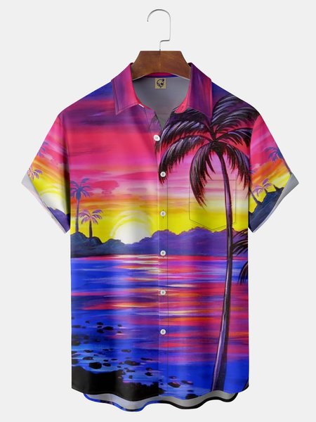 

Palm Tree Painting Chest Pocket Short Sleeve Hawaiian Shirt, Blue, Men Shirts