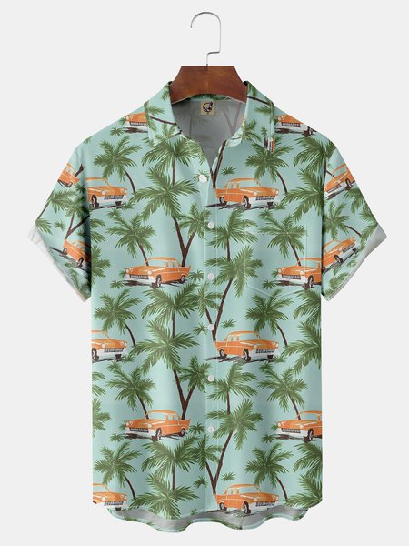 

Coconut Tree Car Chest Pocket Short Sleeve Hawaiian Shirt, Green, Men Shirts