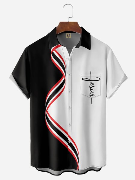 

Easter The Crucifix Chest Pocket Short Sleeve Bowling Shirt, Black, Men Shirts