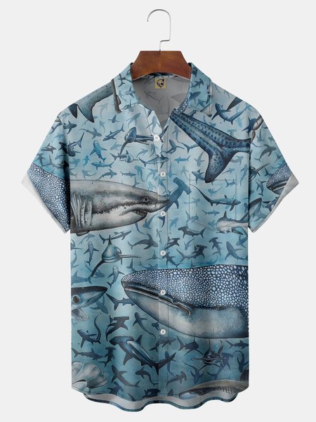 

Sharks Chest Pocket Short Sleeve Hawaiian Shirt, Blue, Men Shirts