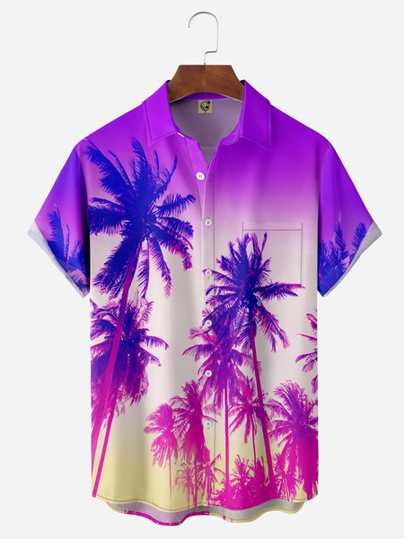 

Coconut Tree Chest Pocket Short Sleeve Hawaiian Shirt, Purple, Men Shirts