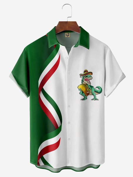 

Cinco de Mayo Creative Dinosaur Chest Pocket Short Sleeve Bowling Shirt, Green, Men Shirts