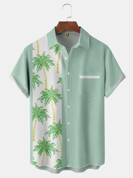 

Coconut Tree Chest Pocket Short Sleeve Bowling Shirt, Green, Men Shirts