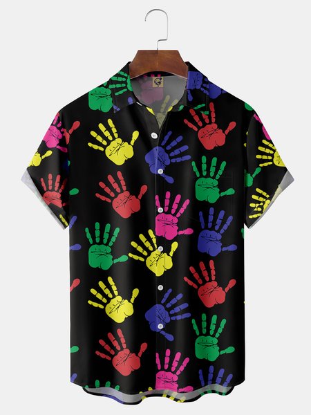 

Colorful Hands Chest Pocket Short Sleeve Casual Shirt, Black, Men Shirts