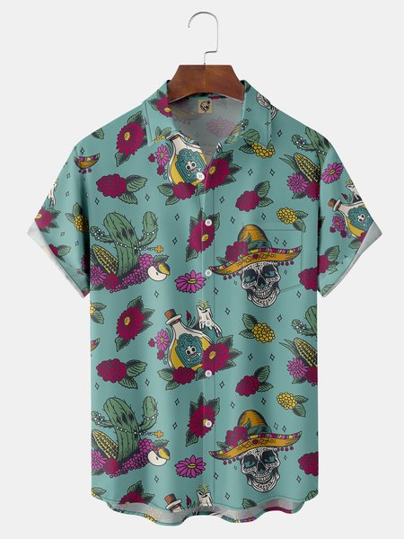 

Cinco de Mayo Skull Chest Pocket Short Sleeve Casual Shirt, Green, Men Shirts