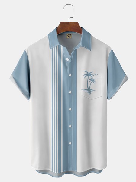 

Coconut Tree Chest Pocket Short Sleeve Bowling Shirt, Blue, Men Shirts