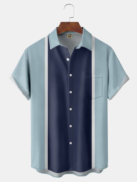 

Color Block Chest Pocket Short Sleeve Bowling Shirt, Blue, Men Shirts
