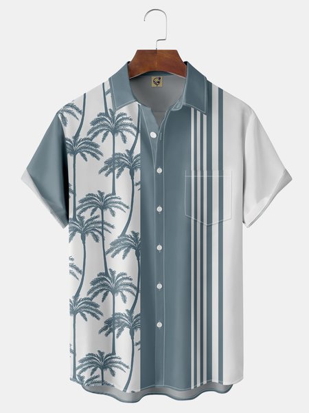 

Coconut Tree Chest Pocket Short Sleeve Bowling Shirt, Blue, Men Shirts