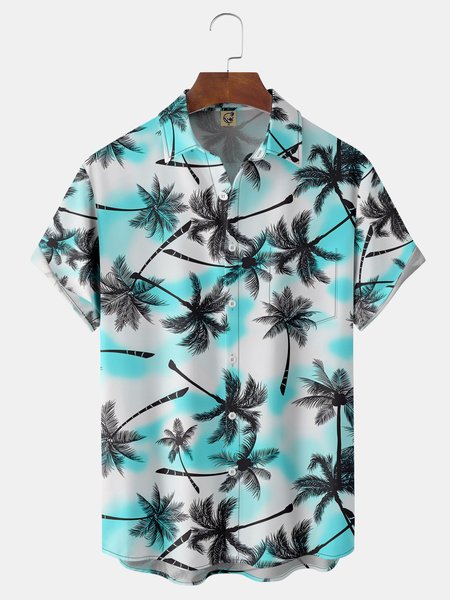 

Coconut Tree Chest Pocket Short Sleeve Hawaiian Shirt, Blue, Men Shirts
