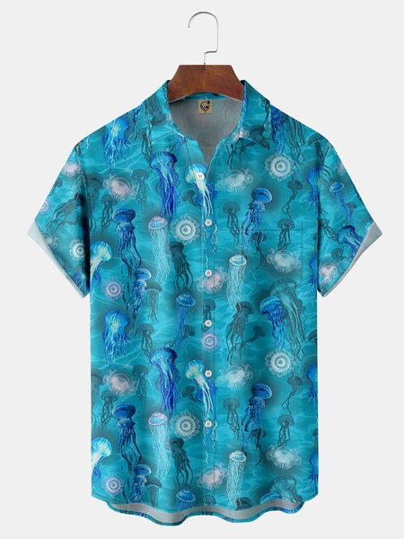 

Jellyfish Chest Pocket Short Sleeve Hawaiian Shirt, Blue, Men Shirts