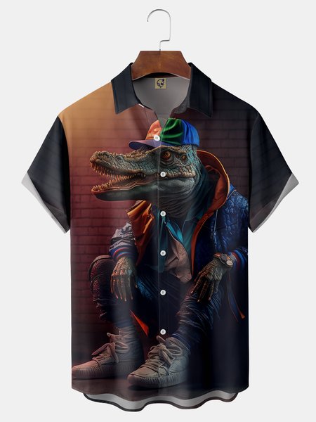

Crocodile Illustration Chest Pocket Short Sleeve Casual Shirt, Brown, Men Shirts