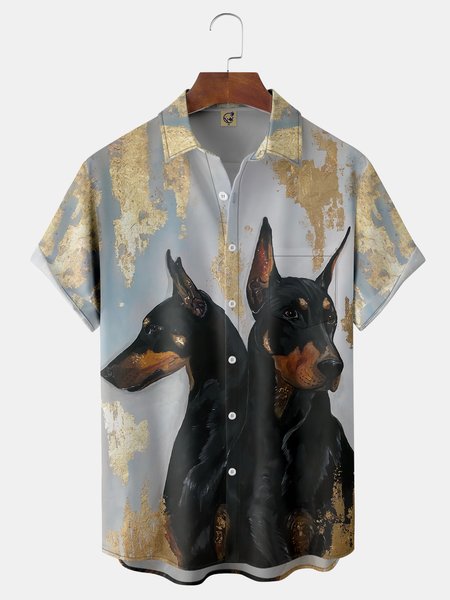 

Doberman Pinscher Chest Pocket Short Sleeve Casual Shirt, Grey-blue, Men Shirts