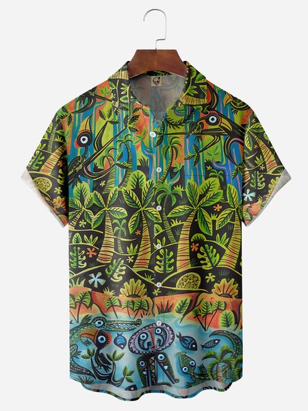 

Coconut Tree Chest Pocket Short Sleeve Hawaiian Shirt, Green, Men Shirts