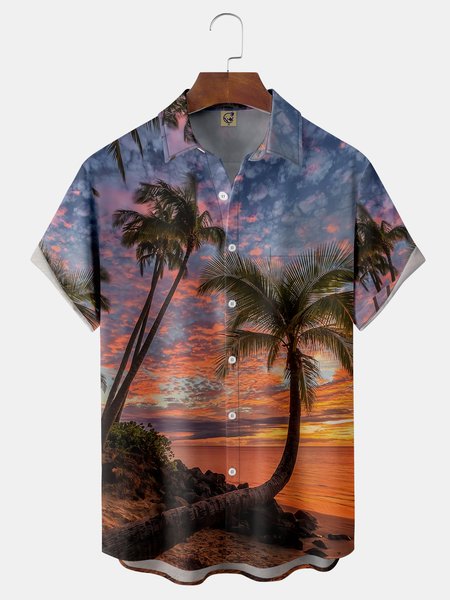

Palm Tree Chest Pocket Short Sleeve Hawaiian Shirt, Orange, Men Shirts