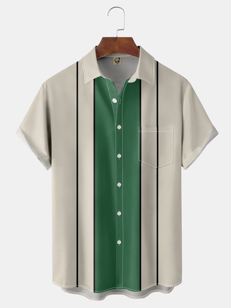 

Color Block Chest Pocket Short Sleeve Bowling Shirt, Green, Men Shirts