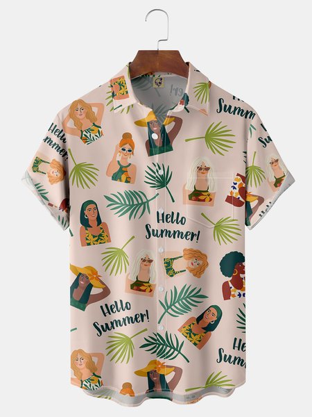 

Summer Girls Chest Pocket Short Sleeve Hawaiian Shirt, Apricot, Men Shirts