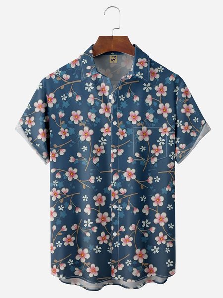 

Cherry Blossoms Chest Pocket Short Sleeve Hawaiian Shirt, Blue, Men Shirts