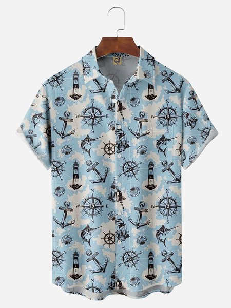 

Nautical Marine Life Chest Pocket Short Sleeve Hawaiian Shirt, Blue, Men Shirts