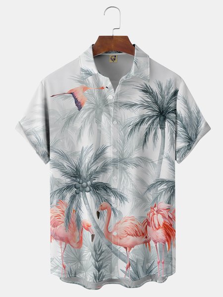 

Flamingo Coconut Tree Chest Pocket Short Sleeve Hawaiian Shirt, Gray, Men Shirts