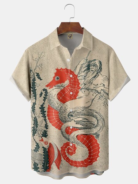 

Sea King Chest Pocket Short Sleeve Hawaiian Shirt, Apricot, Men Shirts
