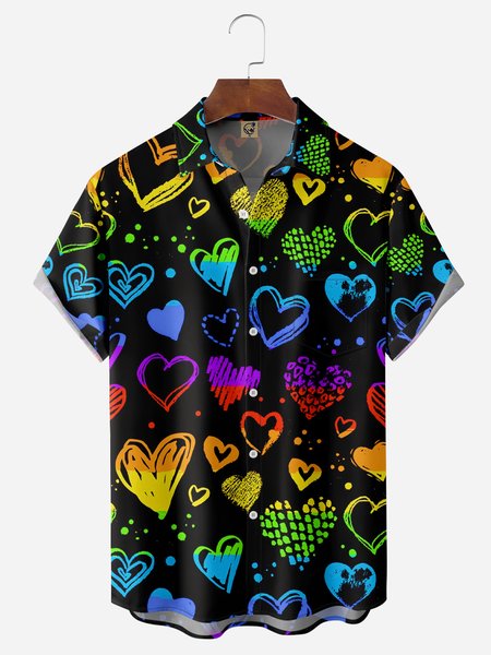 

LGBT Color Heart Chest Pocket Short Sleeve Casual Shirt, Black, Men Shirts