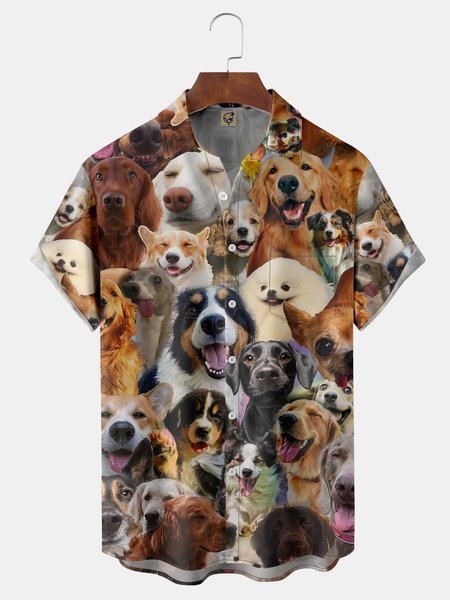 

Fun Dog Chest Pocket Short Sleeve Casual Shirt, Brown, Men Shirts