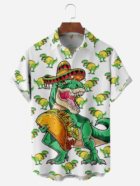 

Cinco de Mayo Creative Dinosaur Chest Pocket Short Sleeve Casual Shirt, White, Men Shirts