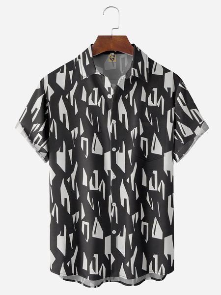 

Geometric Chest Pocket Short Sleeve Casual Shirt, Black, Men Shirts
