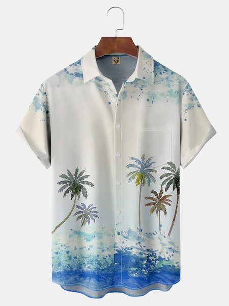 

Coconut Tree Chest Pocket Short Sleeve Hawaiian Shirt, Blue, Men Shirts