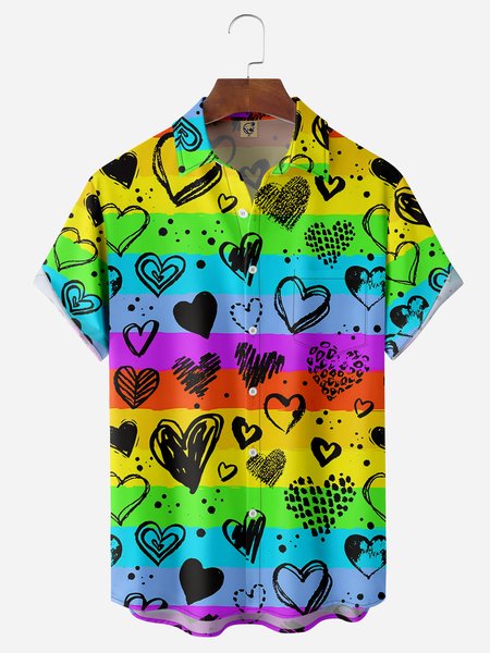 

LGBT Color Heart Chest Pocket Short Sleeve Casual Shirt, Blue, Men Shirts