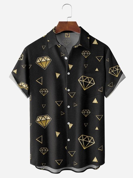 

Diamond Check Chest Pocket Short Sleeve Casual Shirt, Black, Men Shirts