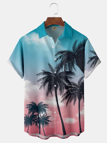 

Coconut Tree Chest Pocket Short Sleeve Hawaiian Shirt, Blue, Men Shirts