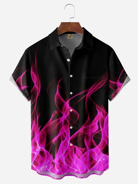 

Flame Chest Pocket Short Sleeve Casual Shirt, Black, Men Shirts