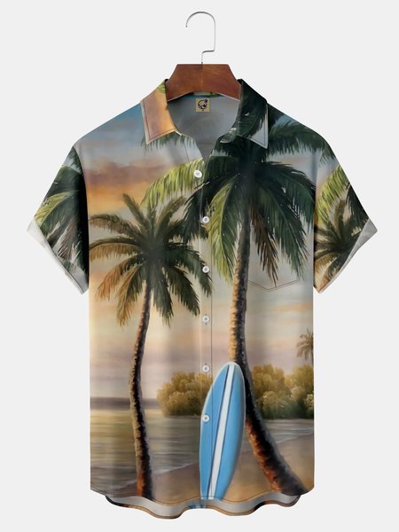 

Palm Tree Painting Chest Pocket Short Sleeve Hawaiian Shirt, Yellow, Men Shirts