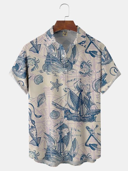 

Sailboat Chest Pocket Short Sleeve Hawaiian Shirt, Blue, Men Shirts
